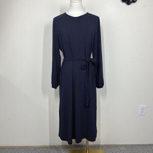 GAP Dress Womens M Blue Polka Dot Belted Stretch Jersey Long Sleeve Midi